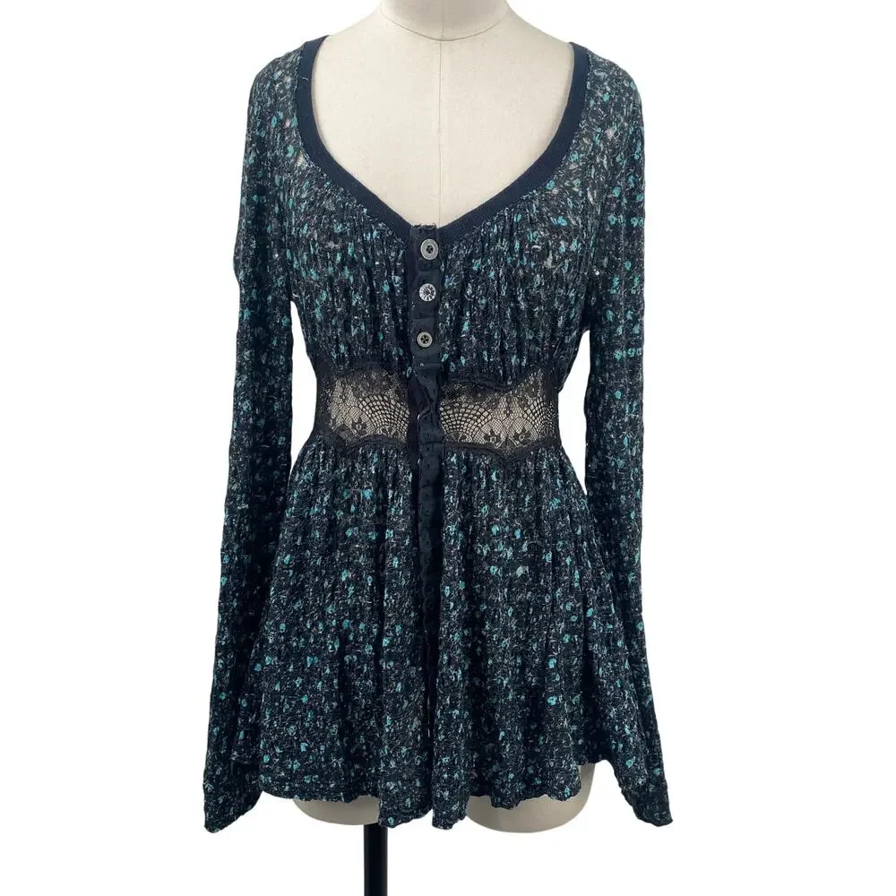 Free People Babydoll Lace Tunic Top Henley Cotton Printed Mixed Button Front S